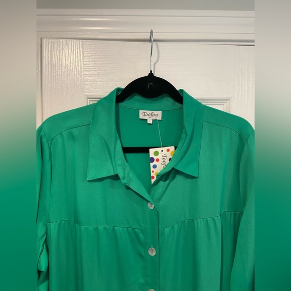 NWT Toofan Size L Jade Green Long Sleeve Pearl Button Front Tiered Shift Dress - Picture 4 of 14